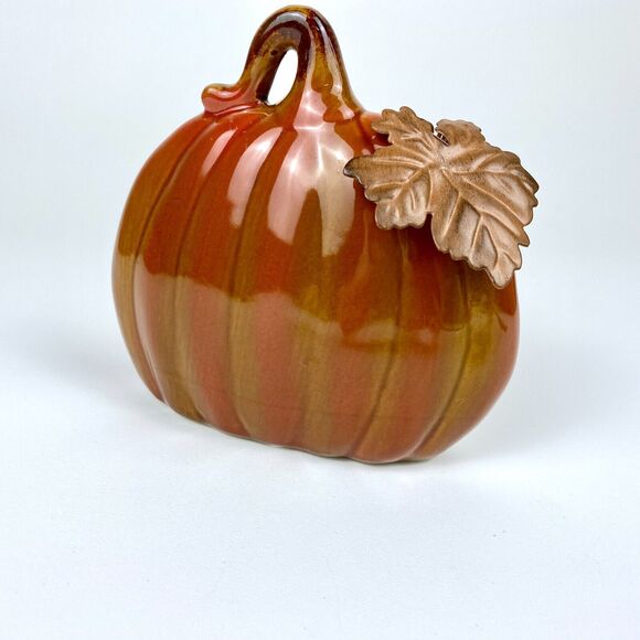 Ceramic Pumpkin with Metal Leaf Fun Festive Home Decoration Shelf Sitter 5.25" - Picture 3 of 12